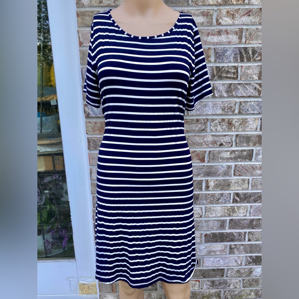 Top It Off Navy Blue & White Striped Casual Shift Dress